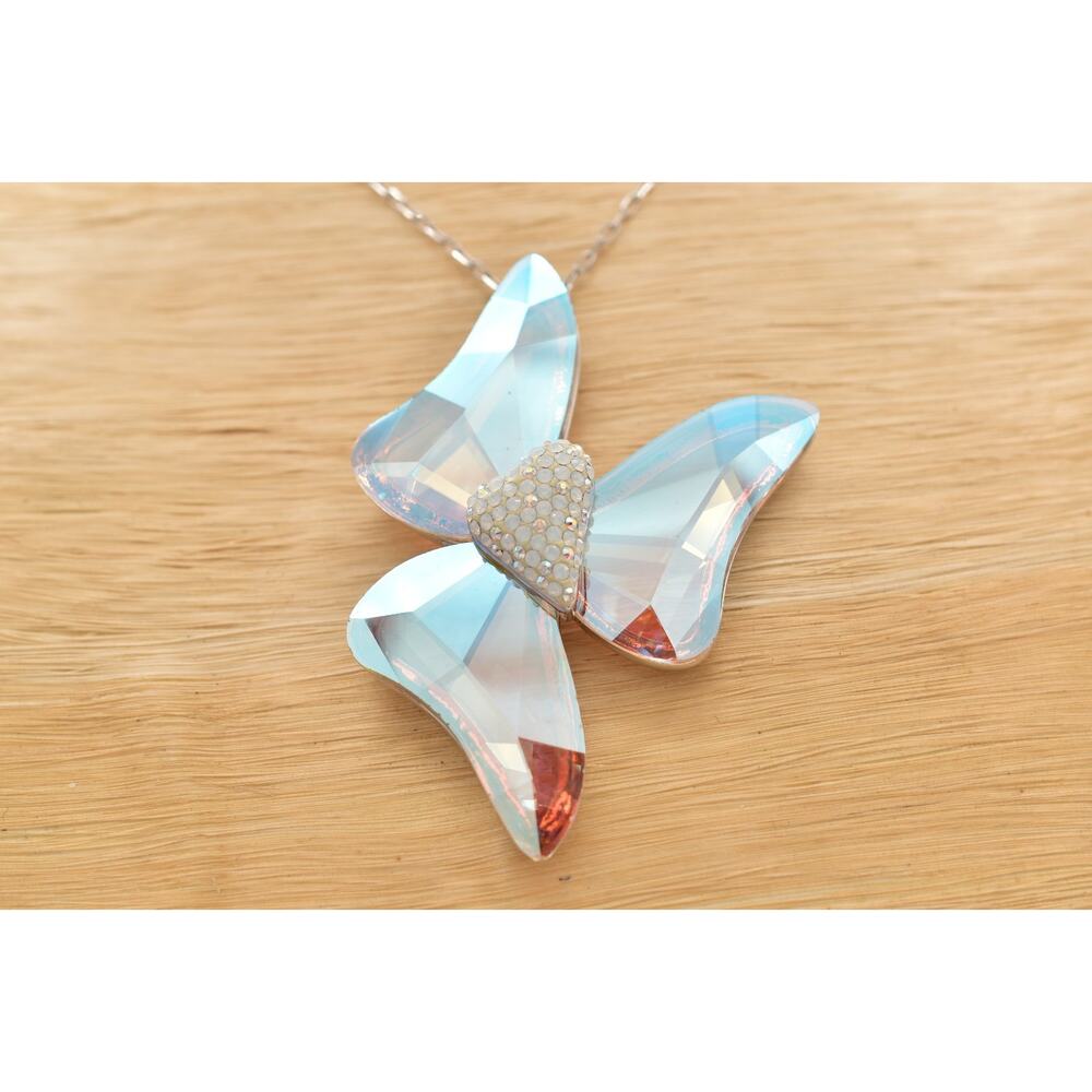 Swarovski Aurora Borealis Crystal Bow Pendant Necklace Silver Swan Signed Bin7B - Picture 3 of 12